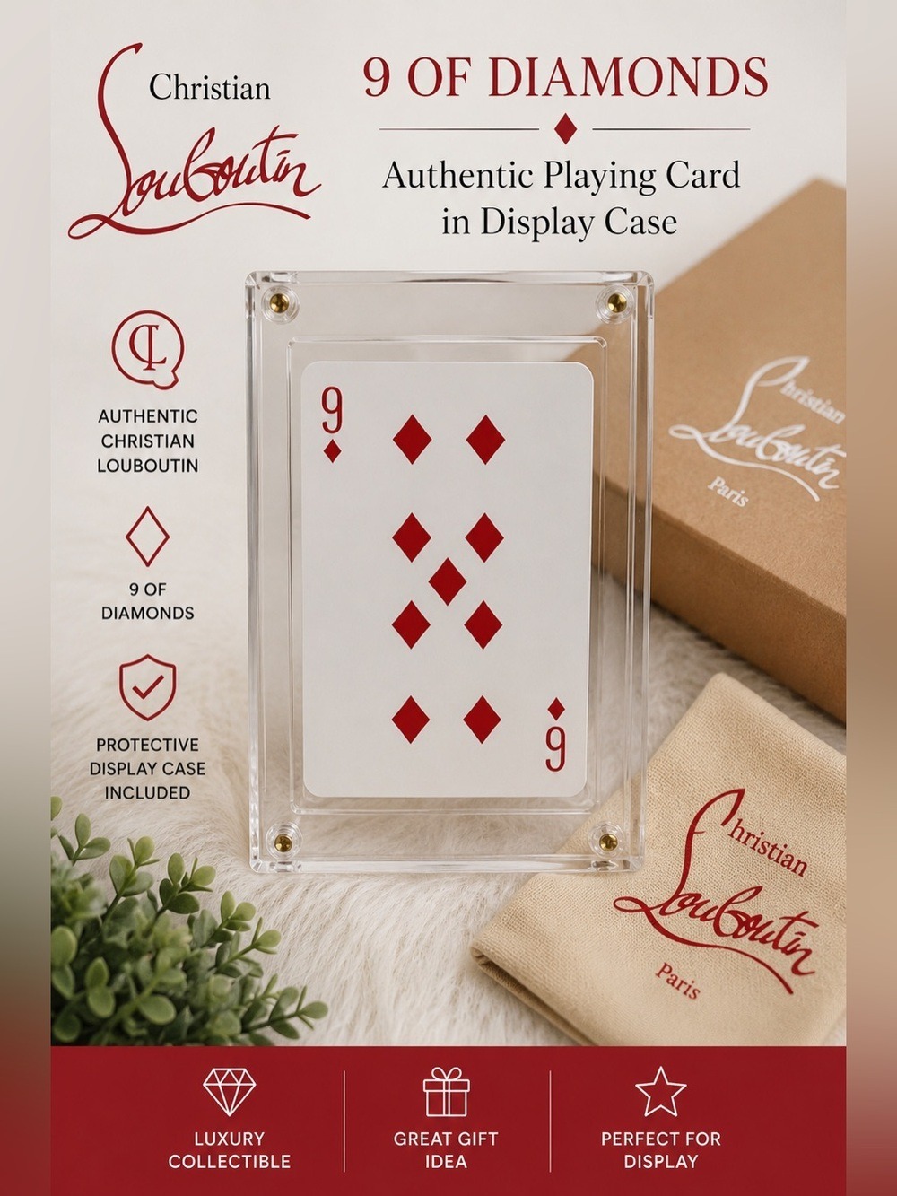 Authentic Christian Louboutin 9 of Diamonds Playing Card | Red & White |